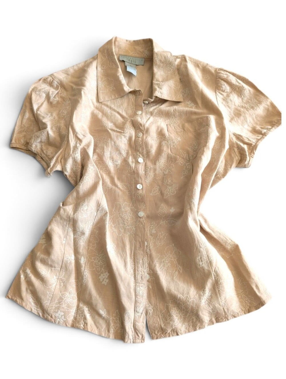 August Silk Logic Silk Linen Floral Button Up Blouse Beige Coastal Cottagecore 8